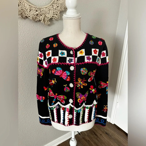 Michael Simon Butterfly Bugs Colorful Pop Art Knit Cardigan Sweater S-M Women - Picture 1 of 11